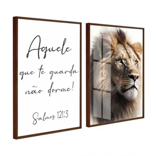 Kit 2 Quadros Decorativos Leão Frases Quarto de Casal Vidro