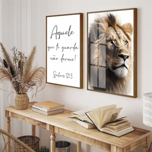 Kit 2 Quadros Decorativos Leão Frases Quarto de Casal Vidro