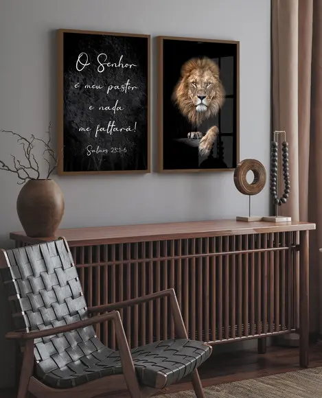 Kit 2 Quadros Decorativos Leão Frases Religioso com Vidro