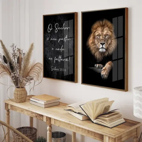 Kit 2 Quadros Decorativos Leão Frases Religioso com Vidro