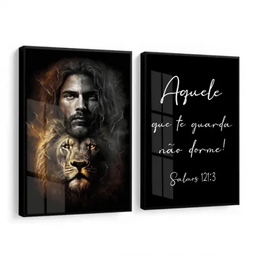 Kit 2 Quadros Decorativos Leão Jesus Cristo Moldura e Vidro