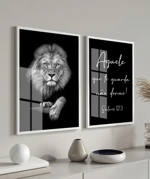 Kit 2 Quadros Decorativos Leão Oração Com Moldura E Vidro
