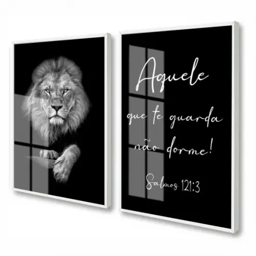 Kit 2 Quadros Decorativos Leão Oração Com Moldura E Vidro