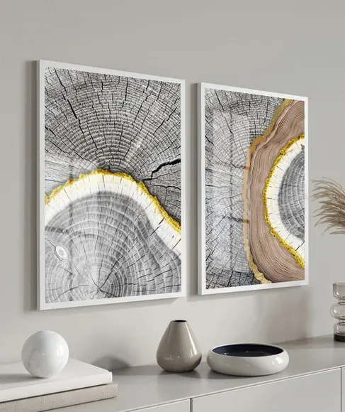 Kit 2 Quadros Decorativos Madeira Dourada Gold Moldura Vidro