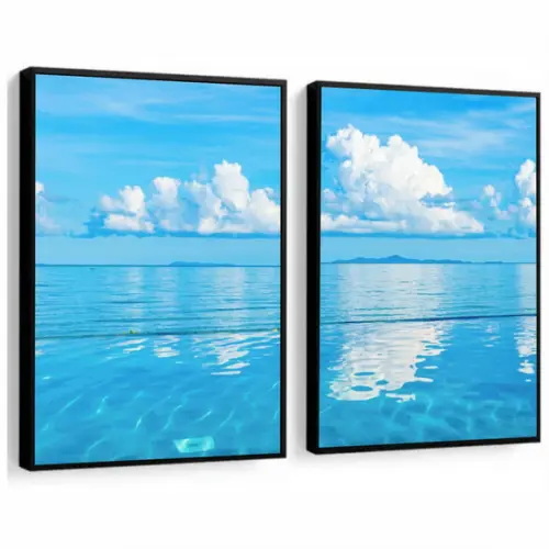 Kit 2 Quadros Decorativos Mar Azul Paisagem Moderno Moldura