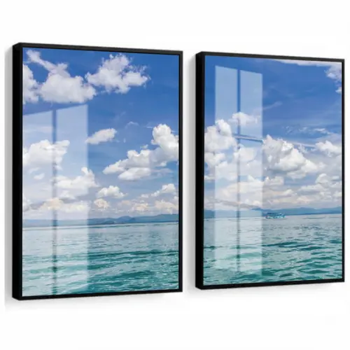 Kit 2 Quadros Decorativos Mar Azul Paisagem Moldura e Vidro