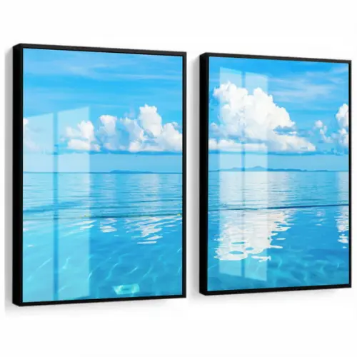Kit 2 Quadros Decorativos Mar Azul Paisagem Moldura e Vidro