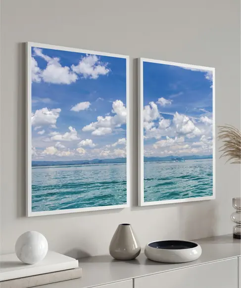 Kit 2 Quadros Decorativos Mar Azul Paisagem Praia Moldura