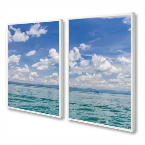 Kit 2 Quadros Decorativos Mar Azul Paisagem Praia Moldura