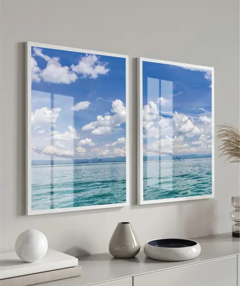 Kit 2 Quadros Decorativos Mar Paisagem Com Moldura e Vidro