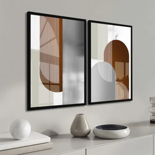 Kit 2 Quadros Decorativos Marrom Geométrico Moldura e Vidro