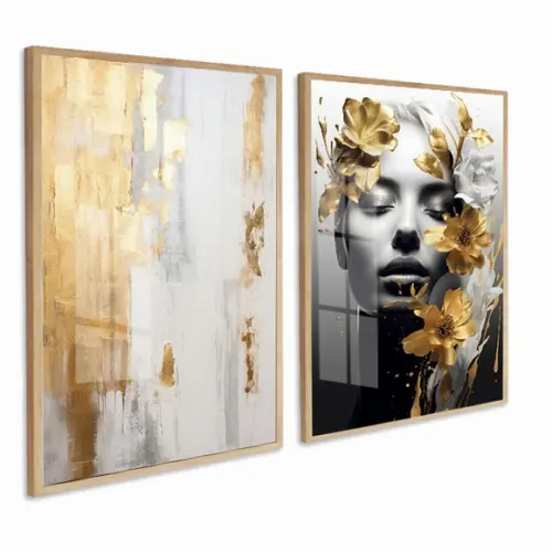 Kit 2 Quadros Decorativos Moderno Abstrato Mulher Gold Vidro
