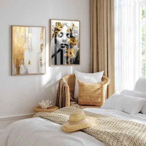 Kit 2 Quadros Decorativos Moderno Abstrato Mulher Gold Vidro