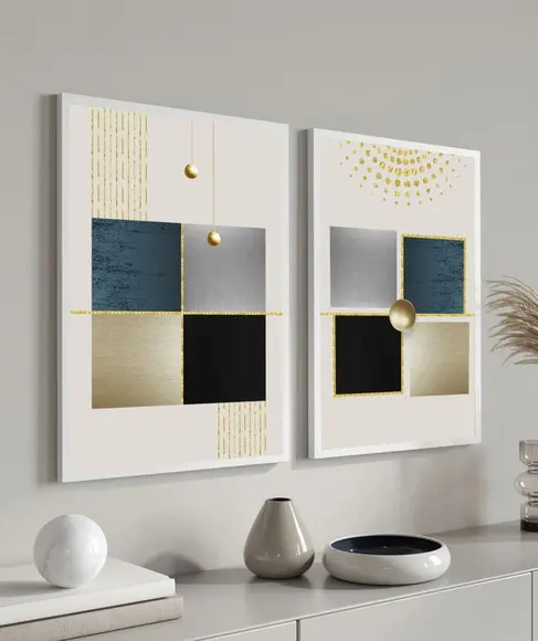 Kit 2 Quadros Decorativos Moderno Geométrico Dourado Moldura