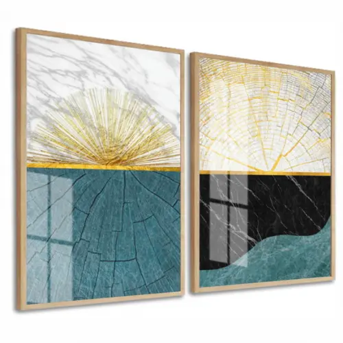 Kit 2 Quadros Decorativos Modernos Azul Gold Moldura E Vidro