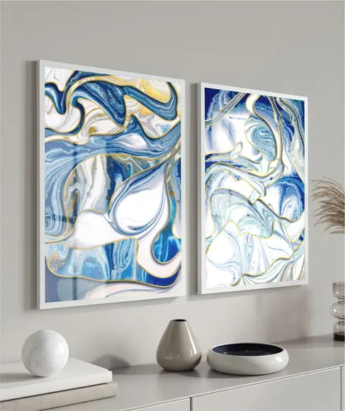 Kit 2 Quadros Decorativos Modernos Azul Gold Moldura E Vidro