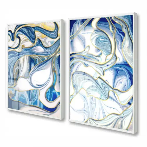 Kit 2 Quadros Decorativos Modernos Azul Gold Moldura E Vidro