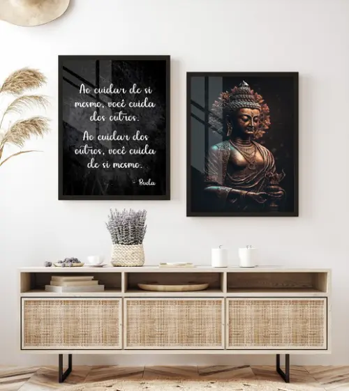 Kit 2 Quadros Decorativos Modernos Buda Frases Moldura Vidro