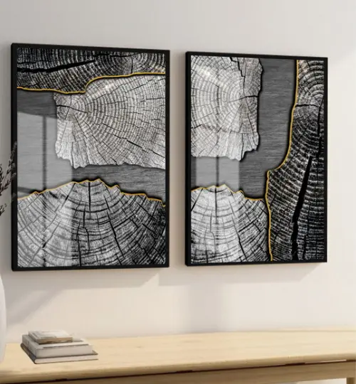 Kit 2 Quadros Decorativos Modernos Cinza com Moldura e Vidro