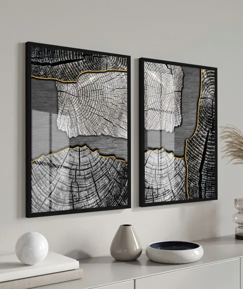 Kit 2 Quadros Decorativos Modernos Cinza com Moldura e Vidro