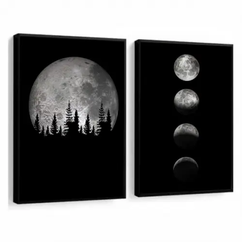 Kit 2 Quadros Decorativos Modernos Fases Da Lua Com Moldura