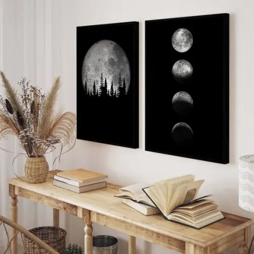 Kit 2 Quadros Decorativos Modernos Fases Da Lua Com Moldura