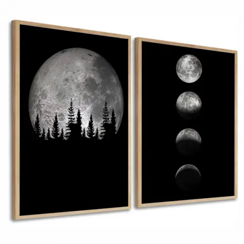 Kit 2 Quadros Decorativos Modernos Fases Da Lua Com Moldura