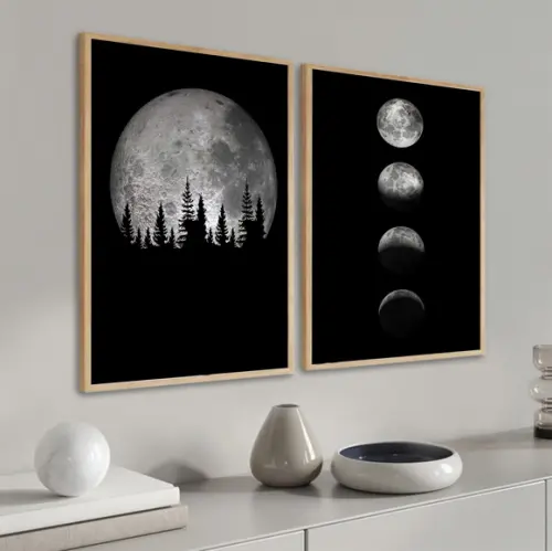 Kit 2 Quadros Decorativos Modernos Fases Da Lua Com Moldura