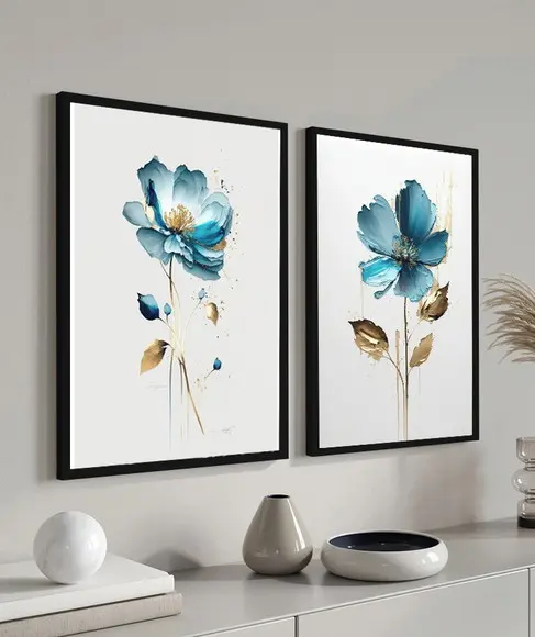 Kit 2 Quadros Decorativos Modernos Flores Azul Gold Moldura