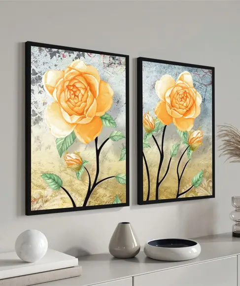 Kit 2 Quadros Decorativos Modernos Flores Amarelas Moldura