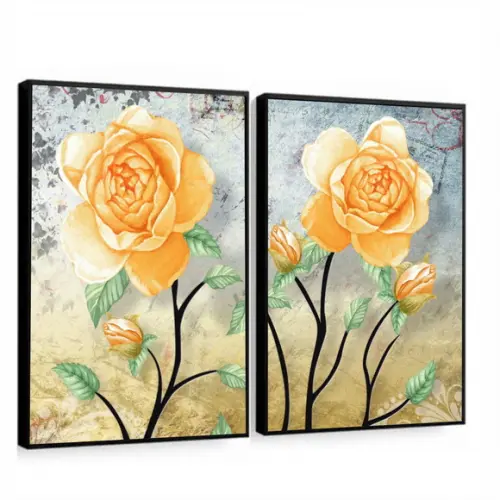 Kit 2 Quadros Decorativos Modernos Flores Amarelas Moldura
