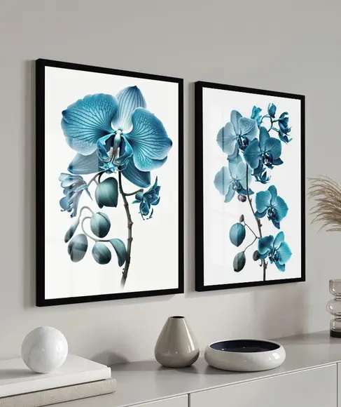 Kit 2 Quadros Decorativos Modernos Flores Azul Moldura Vidro
