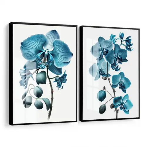 Kit 2 Quadros Decorativos Modernos Flores Azul Moldura Vidro