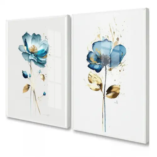 Kit 2 Quadros Decorativos Modernos Flores Azul Moldura Vidro