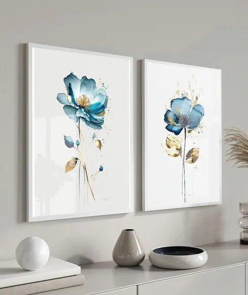 Kit 2 Quadros Decorativos Modernos Flores Azul Moldura Vidro