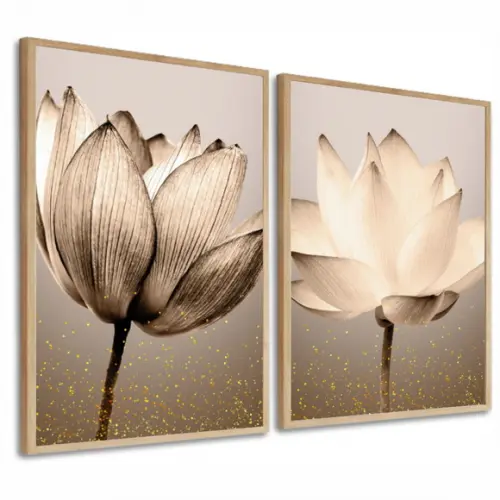 Kit 2 Quadros Decorativos Modernos Flores Bege Gold Moldura