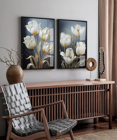 Kit 2 Quadros Decorativos Modernos Flores Brancas Gold Vidro