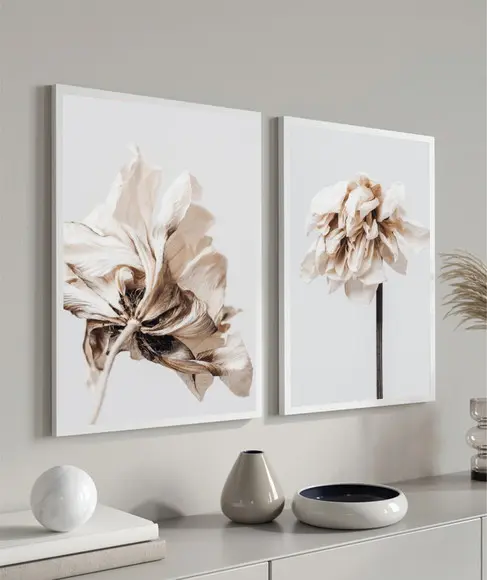 Kit 2 Quadros Decorativos Modernos Flores Brancas Moldura