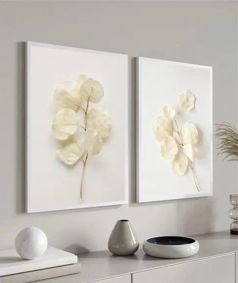 Kit 2 Quadros Decorativos Modernos Flores Brancas Moldura