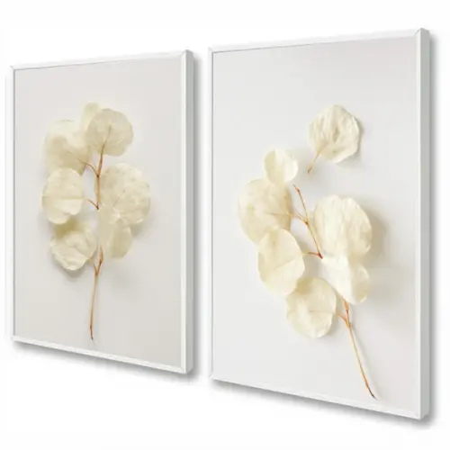 Kit 2 Quadros Decorativos Modernos Flores Brancas Moldura