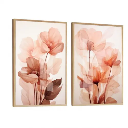 Kit 2 Quadros Decorativos Modernos Flores Moldura e Vidro