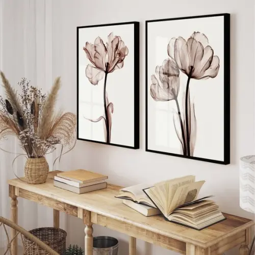 Kit 2 Quadros Decorativos Modernos Flores Moldura e Vidro