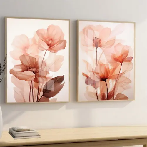 Kit 2 Quadros Decorativos Modernos Flores Moldura e Vidro
