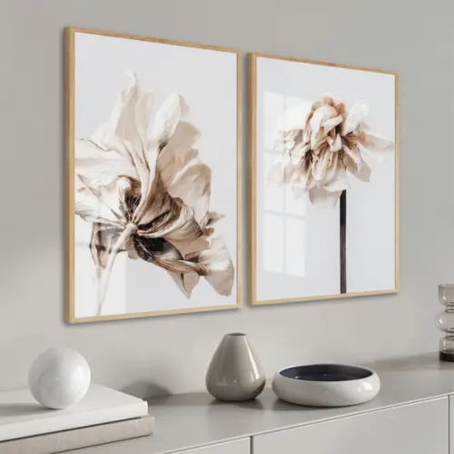 Kit 2 Quadros Decorativos Modernos Flores Moldura E Vidro