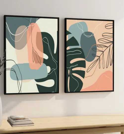 Kit 2 Quadros Decorativos Modernos Folhagem Desenho Moldura