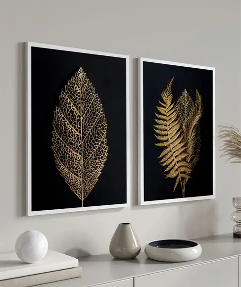 Kit 2 Quadros Decorativos Modernos Folhagem Dourada Moldura