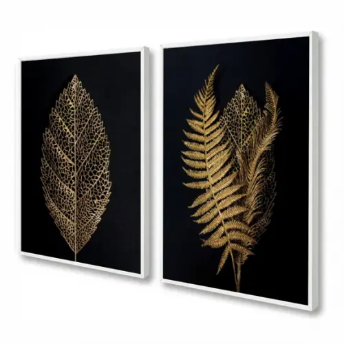 Kit 2 Quadros Decorativos Modernos Folhagem Dourada Moldura