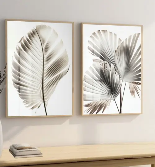 Kit 2 Quadros Decorativos Modernos Folhagem Moldura e Vidro