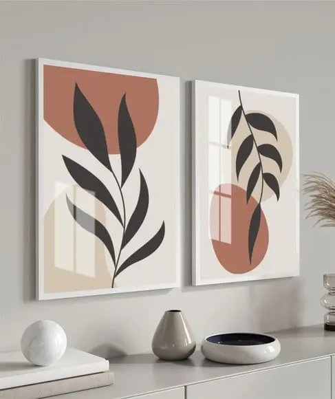 Kit 2 Quadros Decorativos Modernos Folhagem Moldura e Vidro