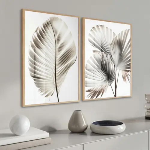 Kit 2 Quadros Decorativos Modernos Folhagem Moldura e Vidro
